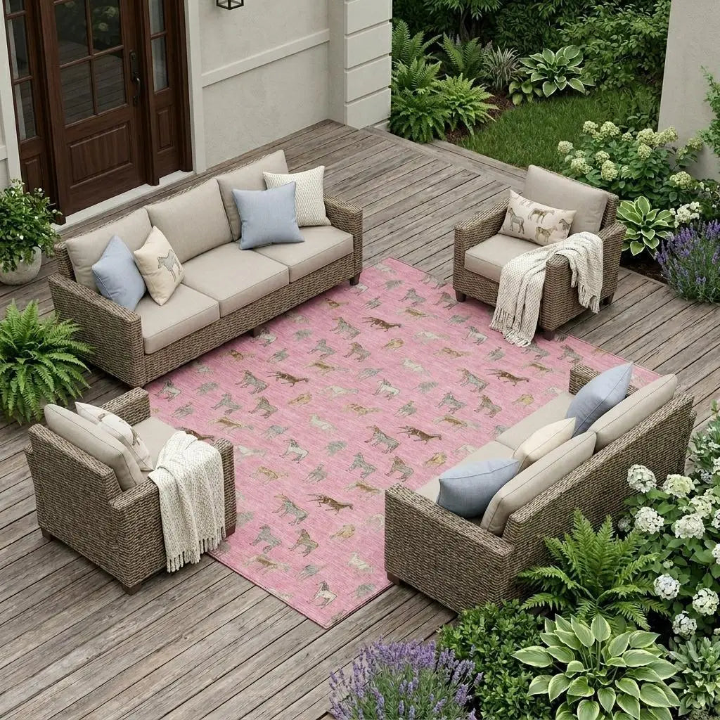 10' X 14' Blush And Beige Horse Washable Indoor Outdoor Area Rug Homeroots Outdoor