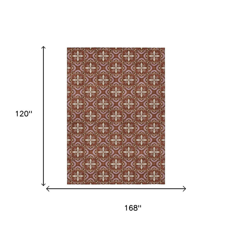 10' X 14' Brick Red And Red Geometric Washable Indoor Outdoor Area Rug Homeroots Outdoor