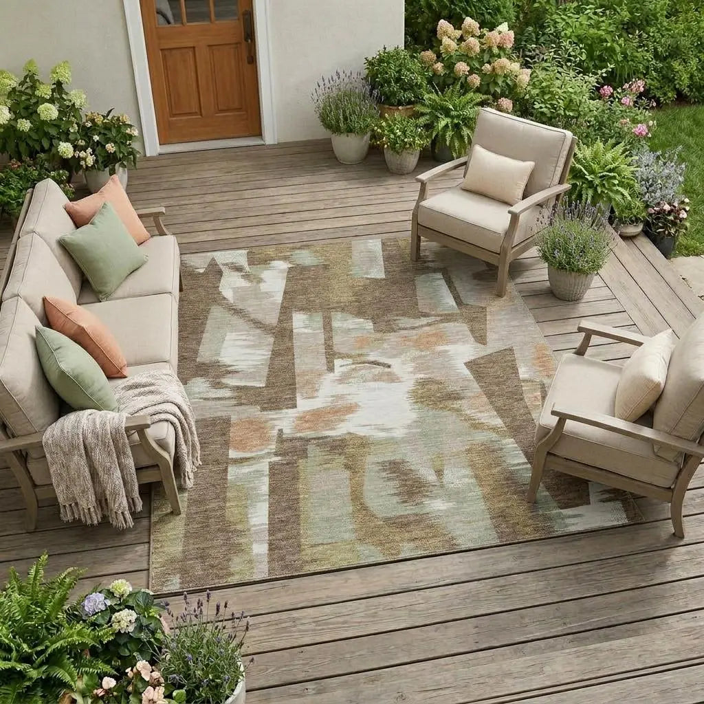 10' X 14' Brown And Beige Abstract Washable Indoor Outdoor Area Rug Homeroots Outdoor