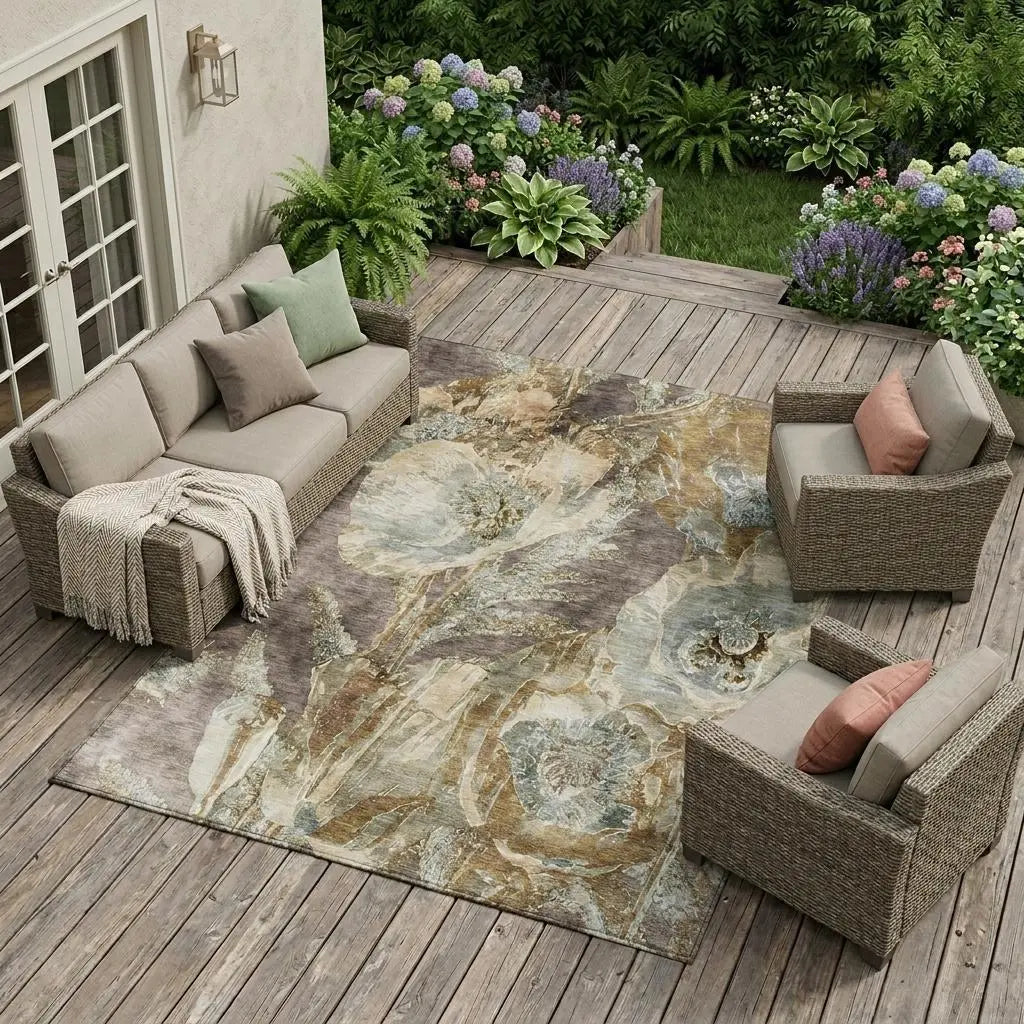 10' X 14' Brown And Beige Floral Washable Indoor Outdoor Area Rug Homeroots Outdoor