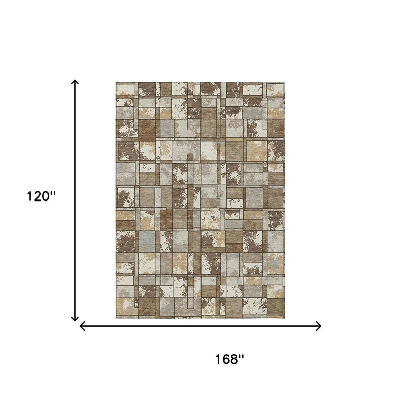 10' X 14' Brown And Beige Geometric Washable Indoor Outdoor Area Rug Homeroots Outdoor