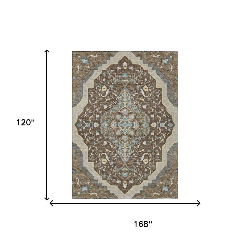 10' X 14' Brown And Beige Medallion Washable Indoor Outdoor Area Rug Homeroots Outdoor