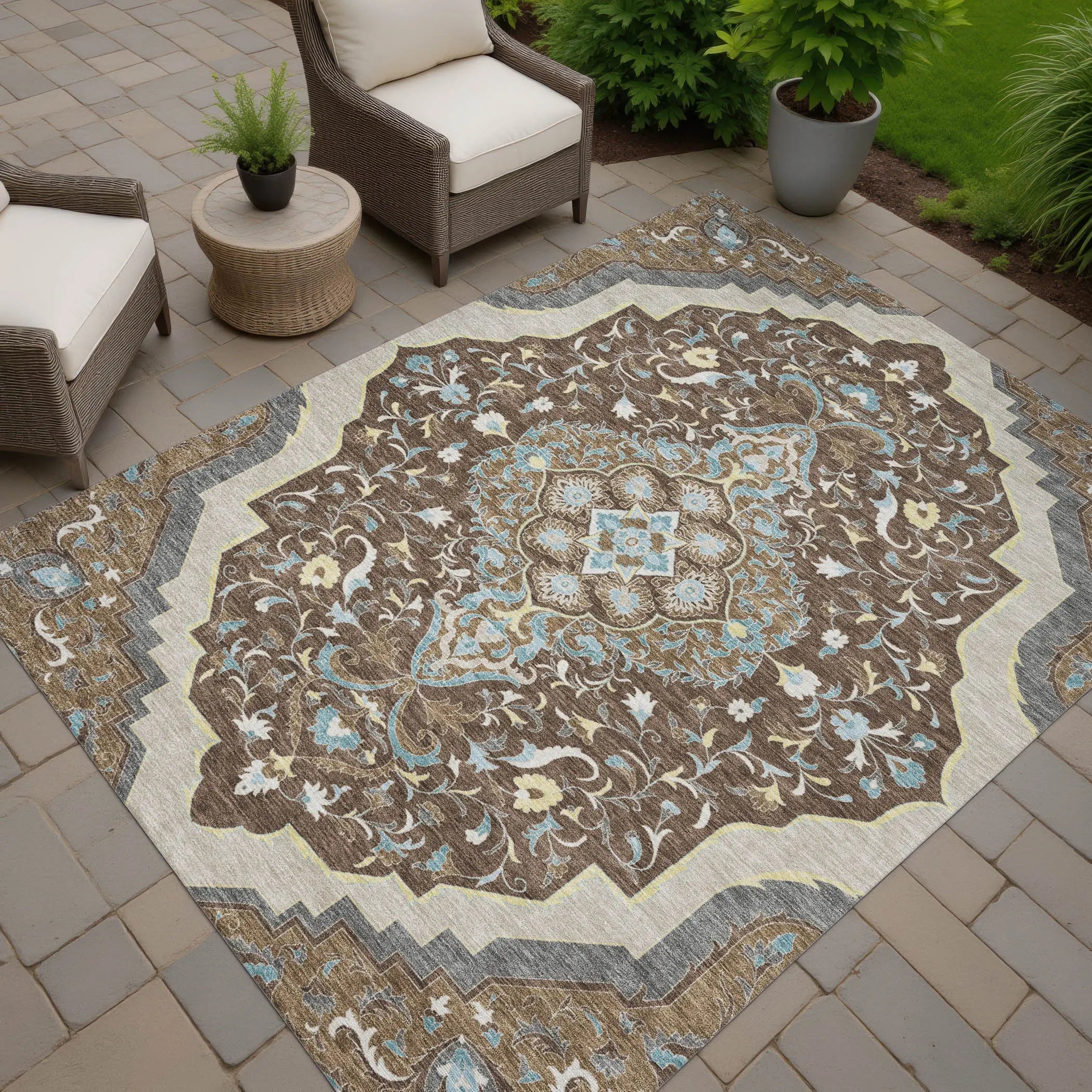 10' X 14' Brown And Beige Medallion Washable Indoor Outdoor Area Rug Homeroots Outdoor