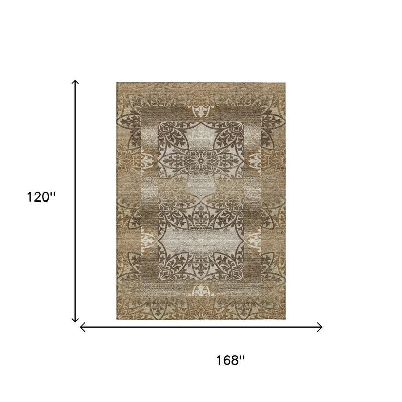 10' X 14' Brown And Beige Oriental Washable Indoor Outdoor Area Rug Homeroots Outdoor