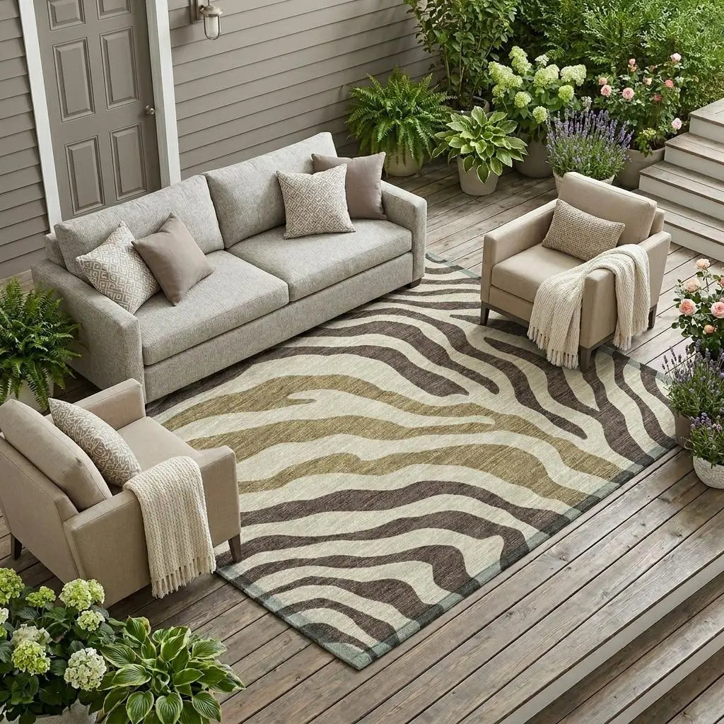 10' X 14' Brown And Beige Zebra Print Washable Indoor Outdoor Area Rug Homeroots Outdoor