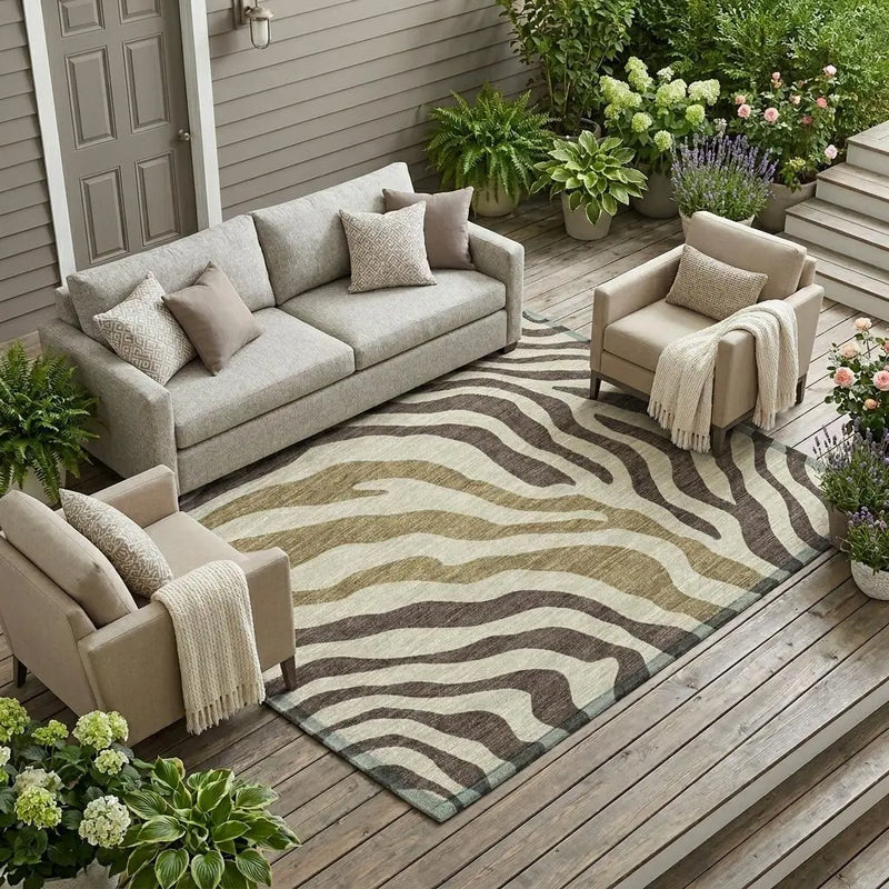 10' X 14' Brown And Beige Zebra Print Washable Indoor Outdoor Area Rug Homeroots Outdoor