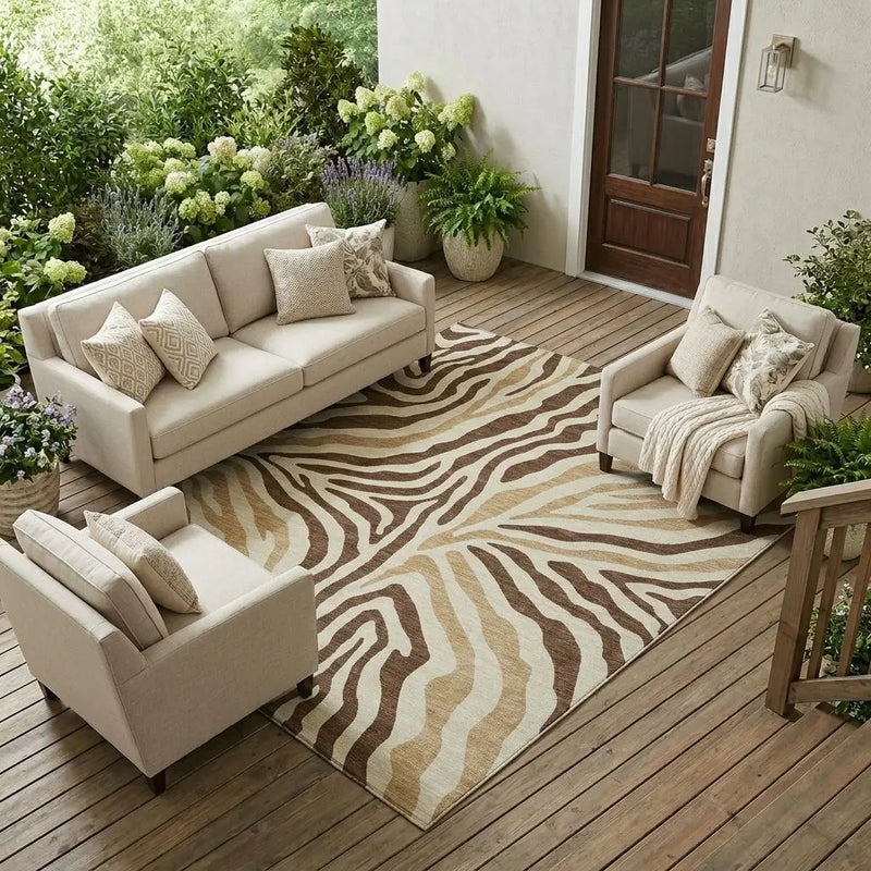 10' X 14' Brown And Beige Zebra Print Washable Indoor Outdoor Area Rug Homeroots Outdoor