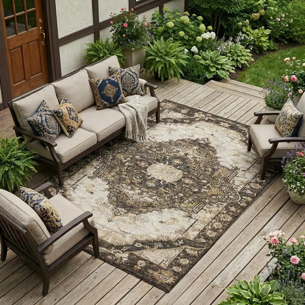10' X 14' Brown And Chocolate Floral Medallion Washable Indoor Outdoor Area Rug Homeroots Outdoor