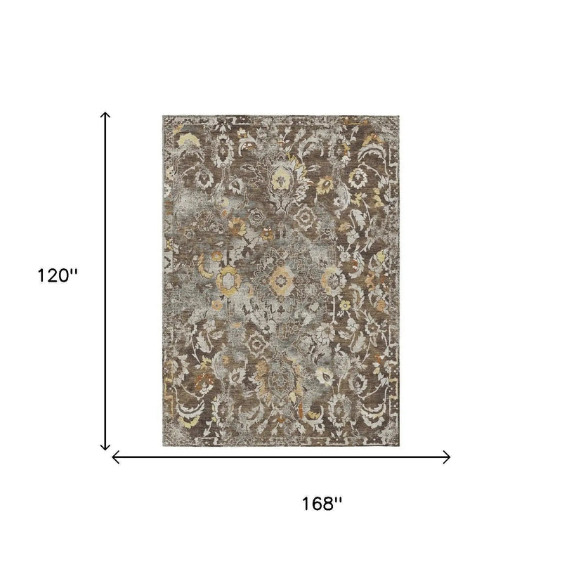 10' X 14' Brown And Coffee Floral Washable Indoor Outdoor Area Rug Homeroots Outdoor