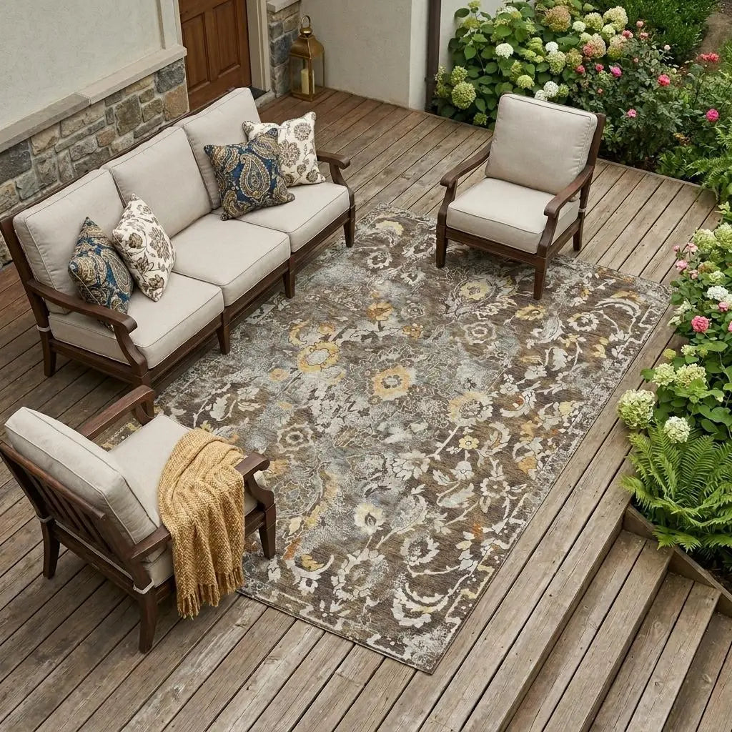 10' X 14' Brown And Coffee Floral Washable Indoor Outdoor Area Rug Homeroots Outdoor