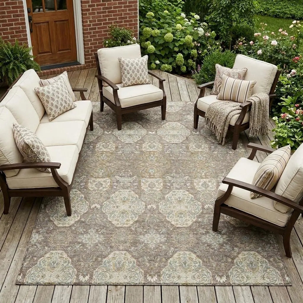 10' X 14' Brown And Copper Floral Washable Indoor Outdoor Area Rug Homeroots Outdoor