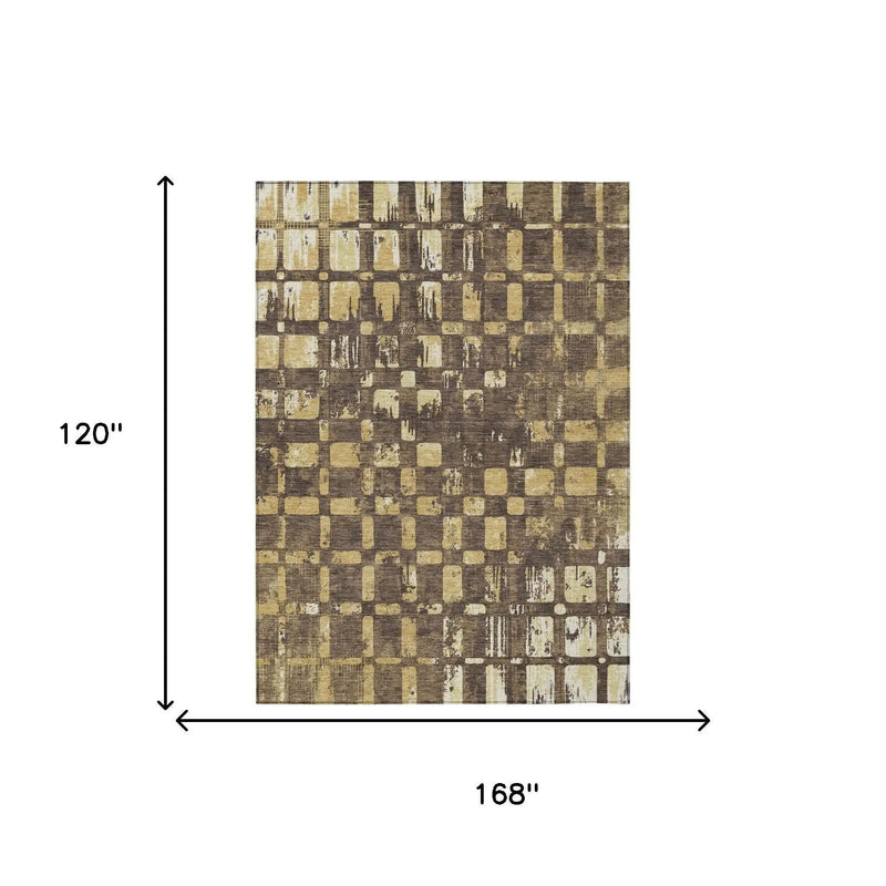 10' X 14' Brown And Gold Abstract Washable Indoor Outdoor Area Rug Homeroots Outdoor