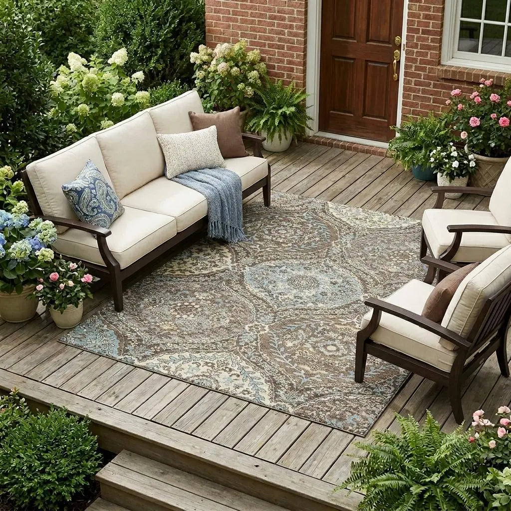 10' X 14' Brown And Graphite Ogee Washable Indoor Outdoor Area Rug Homeroots Outdoor