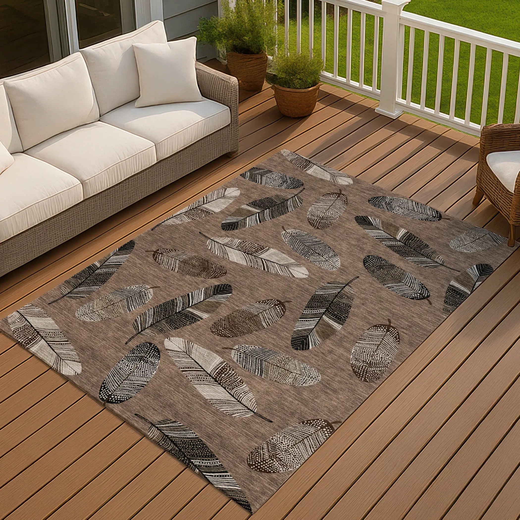 10' X 14' Brown And Ivory Botanical Leaves Washable Indoor Outdoor Area Rug Homeroots Outdoor