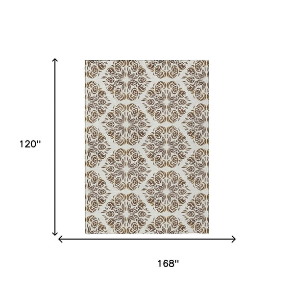 10' X 14' Brown And Ivory Damask Washable Indoor Outdoor Area Rug Homeroots Outdoor