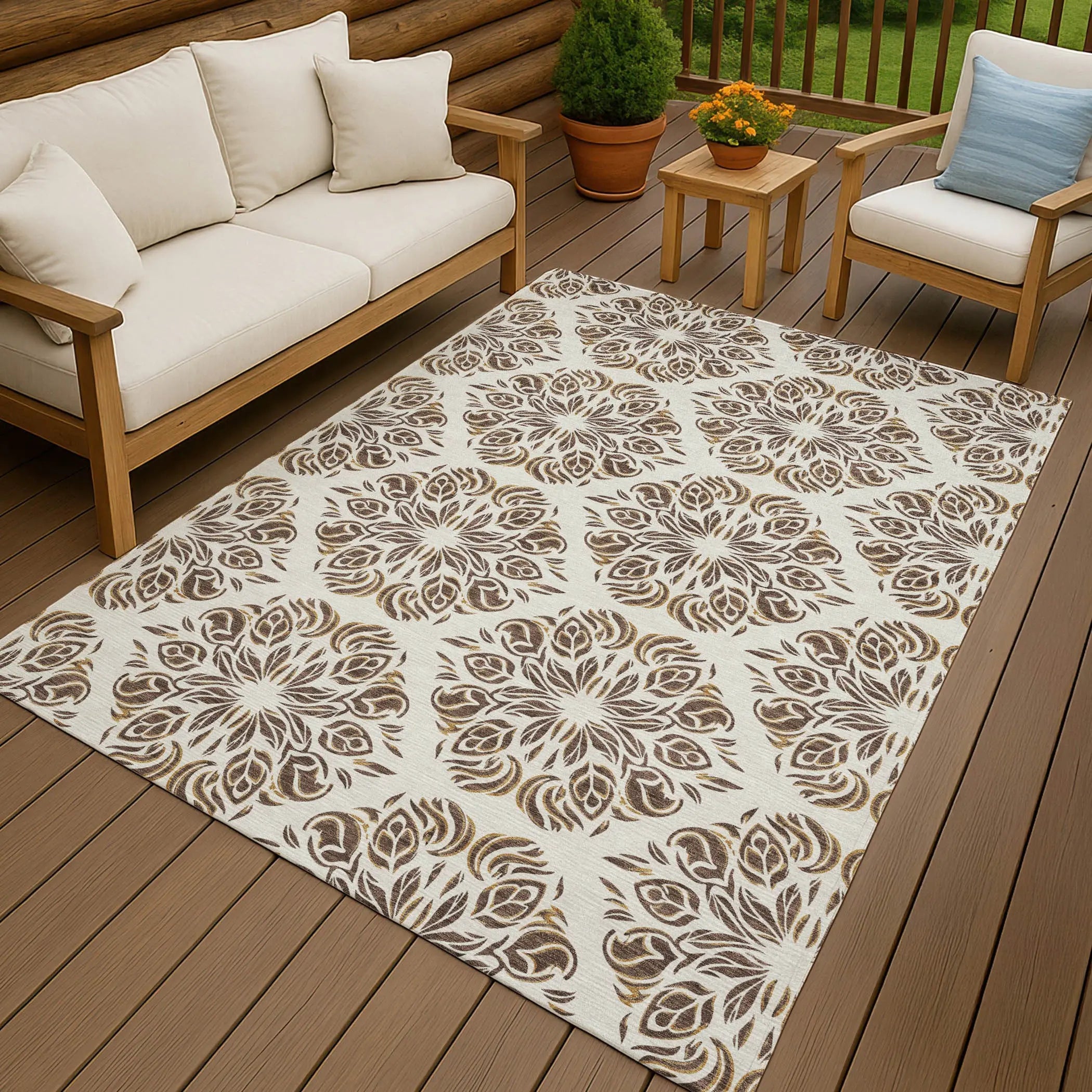 10' X 14' Brown And Ivory Damask Washable Indoor Outdoor Area Rug Homeroots Outdoor