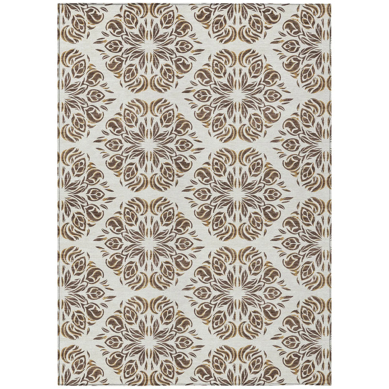 10' X 14' Brown And Ivory Damask Washable Indoor Outdoor Area Rug Homeroots Outdoor