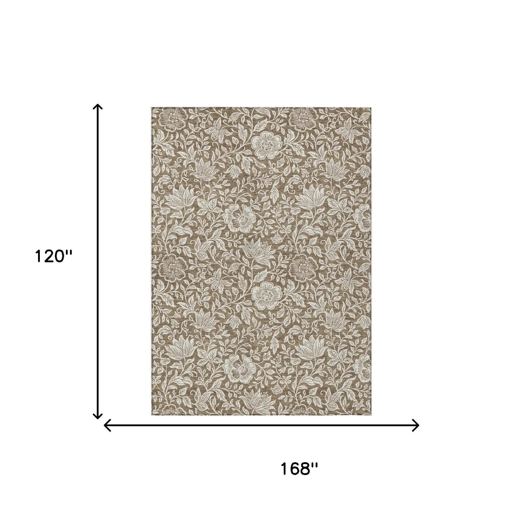 Beige floral patterned area rug, 120"x168", soft fabric, elegant design, perfect for living room décor.