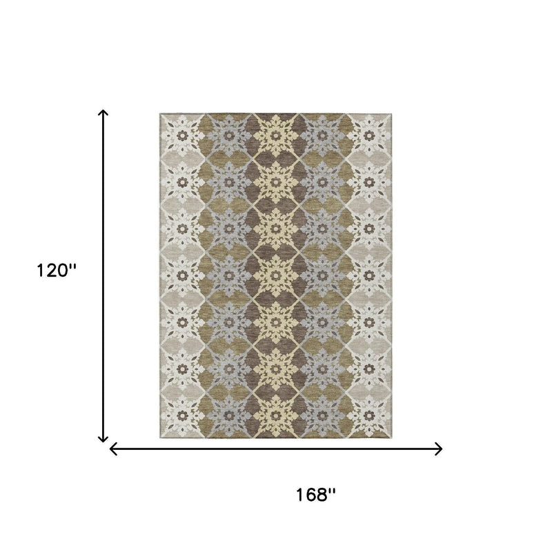 10' X 14' Brown And Pewter Floral Medallion Washable Indoor Outdoor Area Rug Homeroots Outdoor