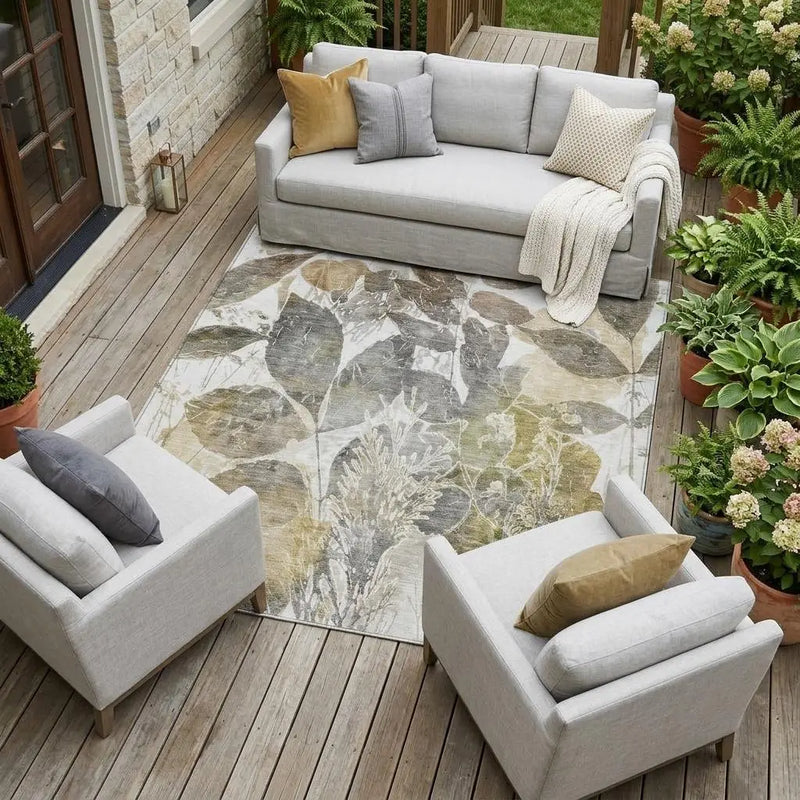 10' X 14' Brown And Silver Botanical Leaves Washable Indoor Outdoor Area Rug Homeroots Outdoor