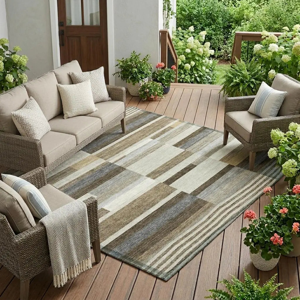 10' X 14' Brown And Silver Striped Washable Indoor Outdoor Area Rug Homeroots Outdoor