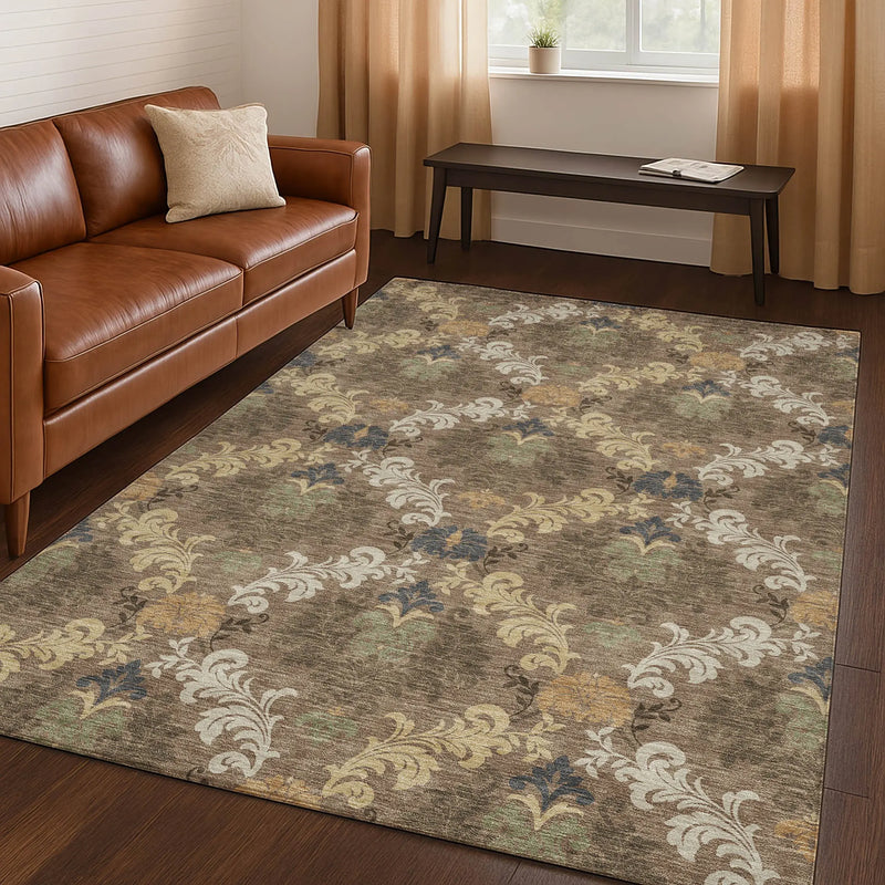 10' X 14' Brown And Taupe Damask Washable Indoor Outdoor Area Rug Homeroots Outdoor