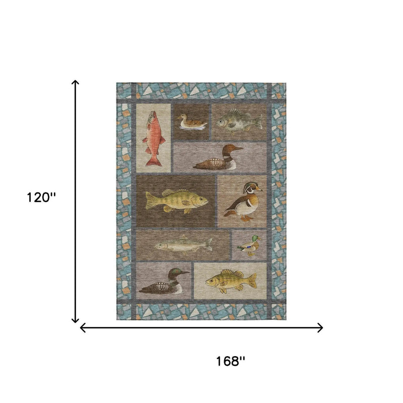 10' X 14' Brown And Teal Blue Floral Medallion Washable Indoor Outdoor Area Rug Homeroots Outdoor