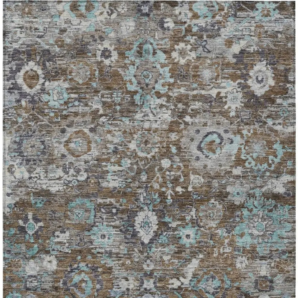 10' X 14' Brown And Teal Blue Floral Washable Indoor Outdoor Area Rug Homeroots Outdoor