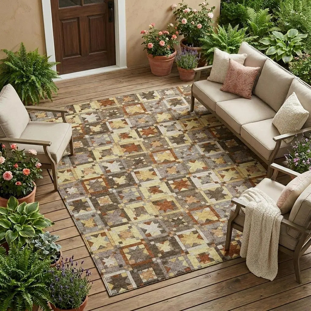 10' X 14' Brown And Wheat Patchwork Washable Indoor Outdoor Area Rug Homeroots Outdoor