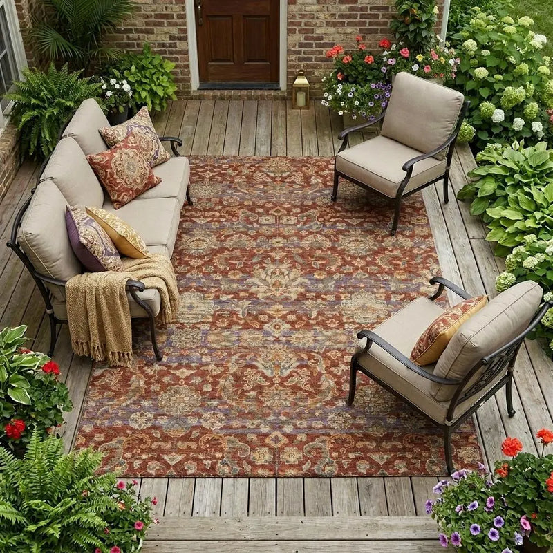 10' X 14' Burgundy And Orange Floral Medallion Washable Indoor Outdoor Area Rug Homeroots Outdoor