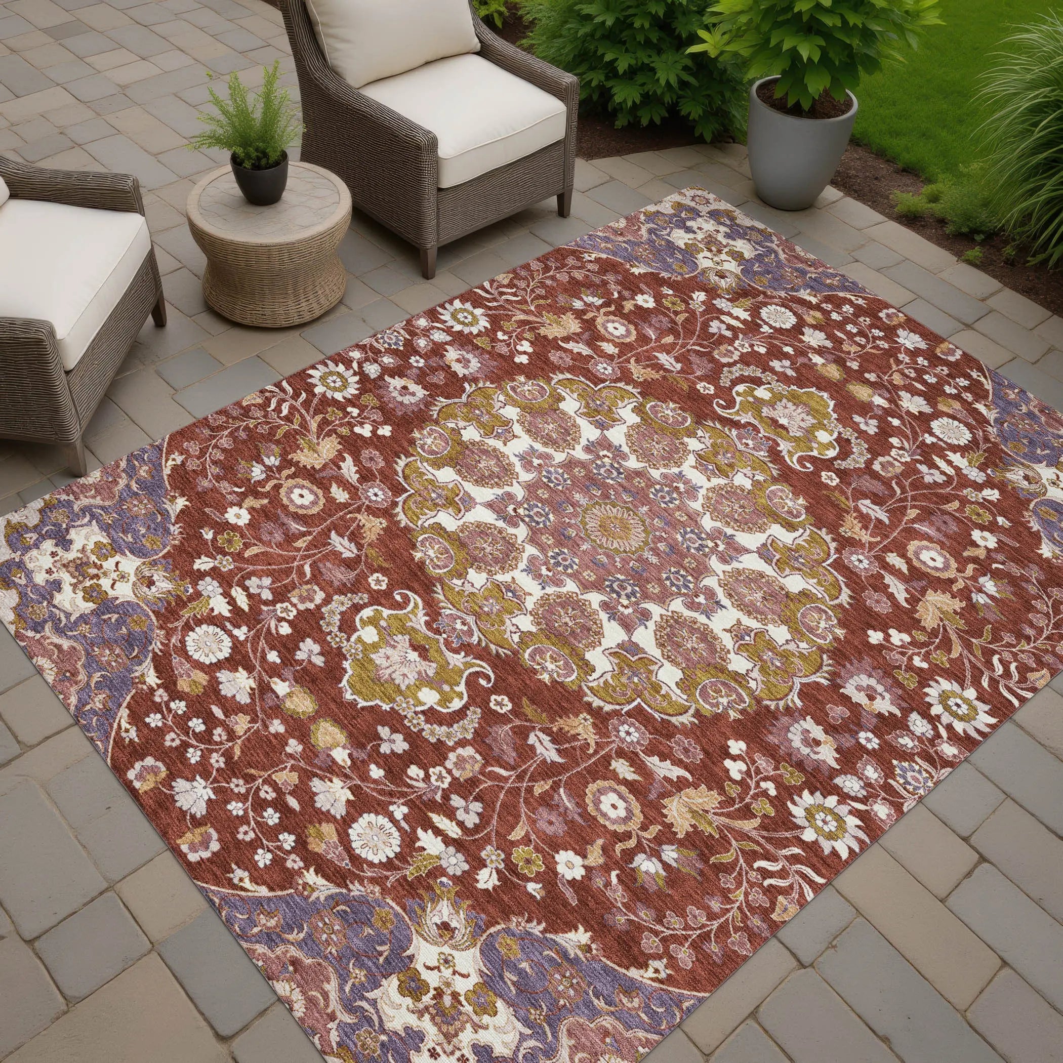 10' X 14' Burgundy And Red Damask Washable Indoor Outdoor Area Rug Homeroots Outdoor