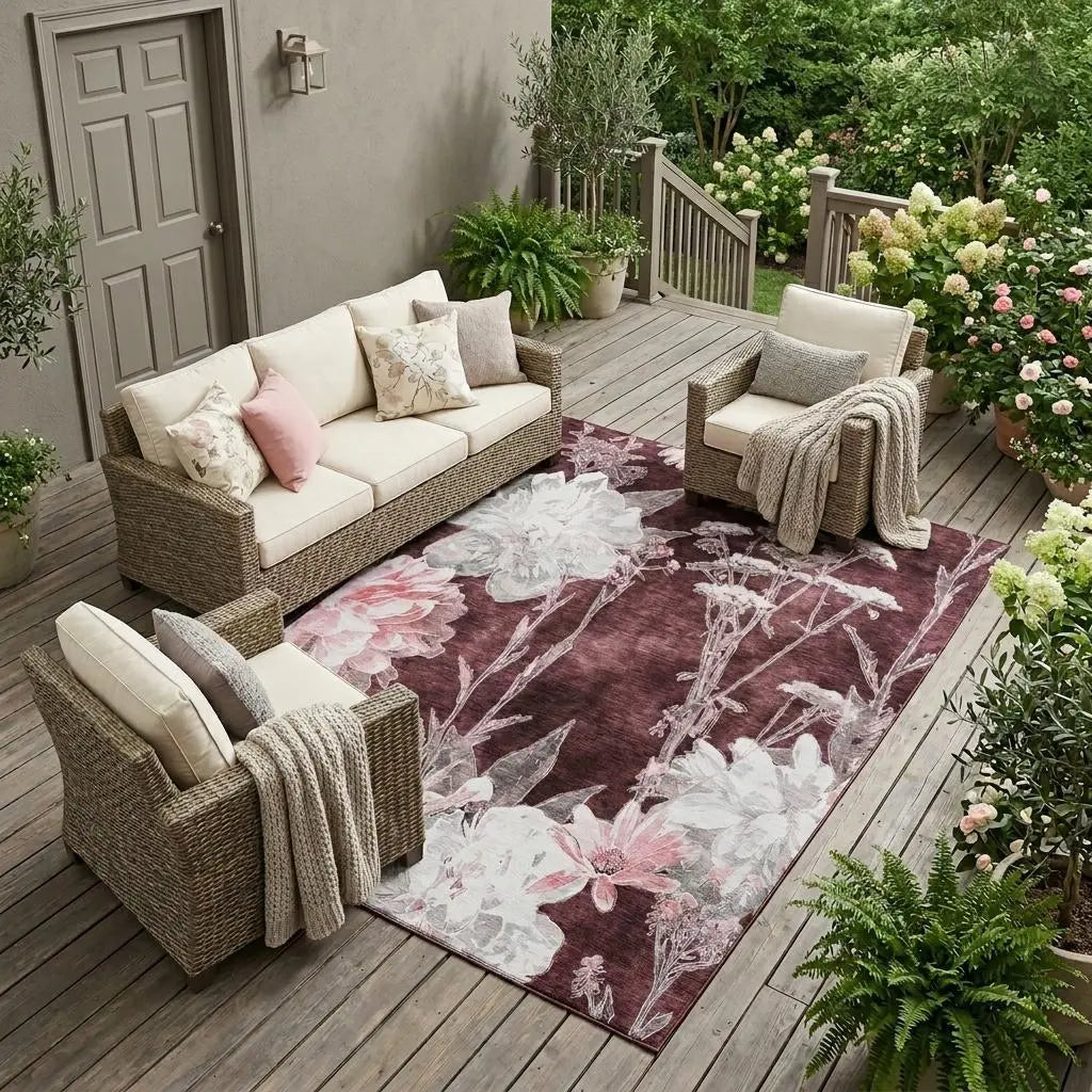 10' X 14' Burgundy And Red Floral Washable Indoor Outdoor Area Rug Homeroots Outdoor