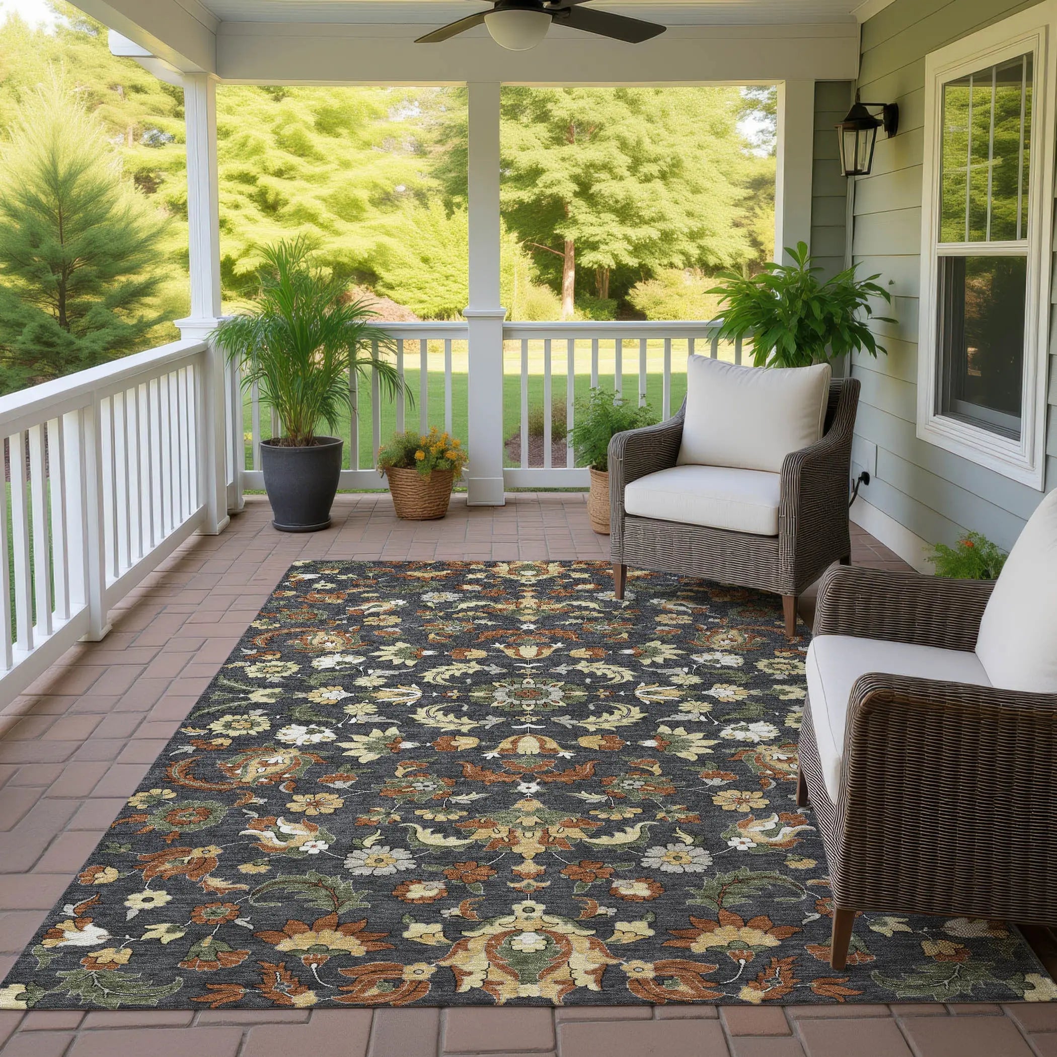 10' X 14' Charcoal And Black Floral Medallion Washable Indoor Outdoor Area Rug Homeroots Outdoor