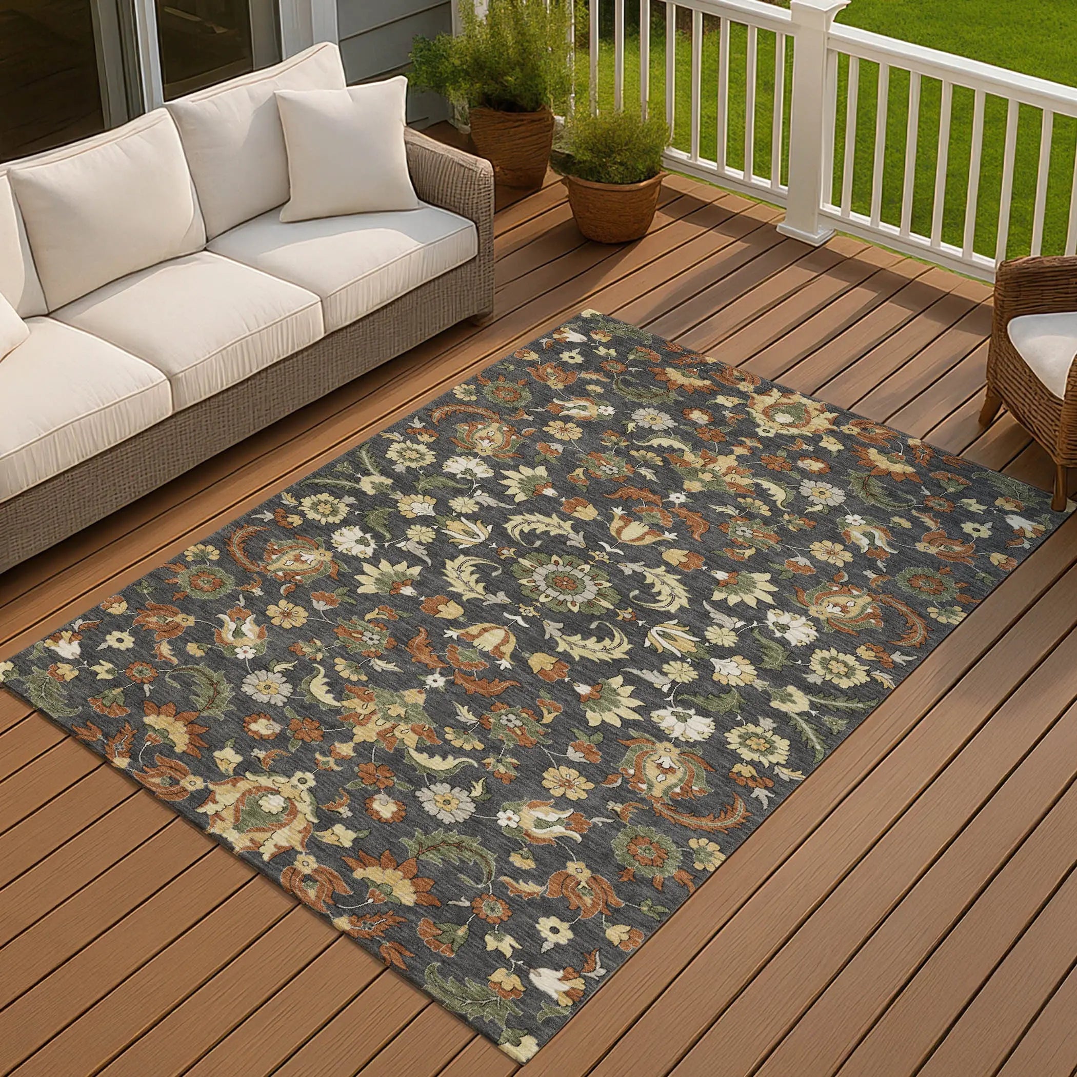 10' X 14' Charcoal And Black Floral Medallion Washable Indoor Outdoor Area Rug Homeroots Outdoor