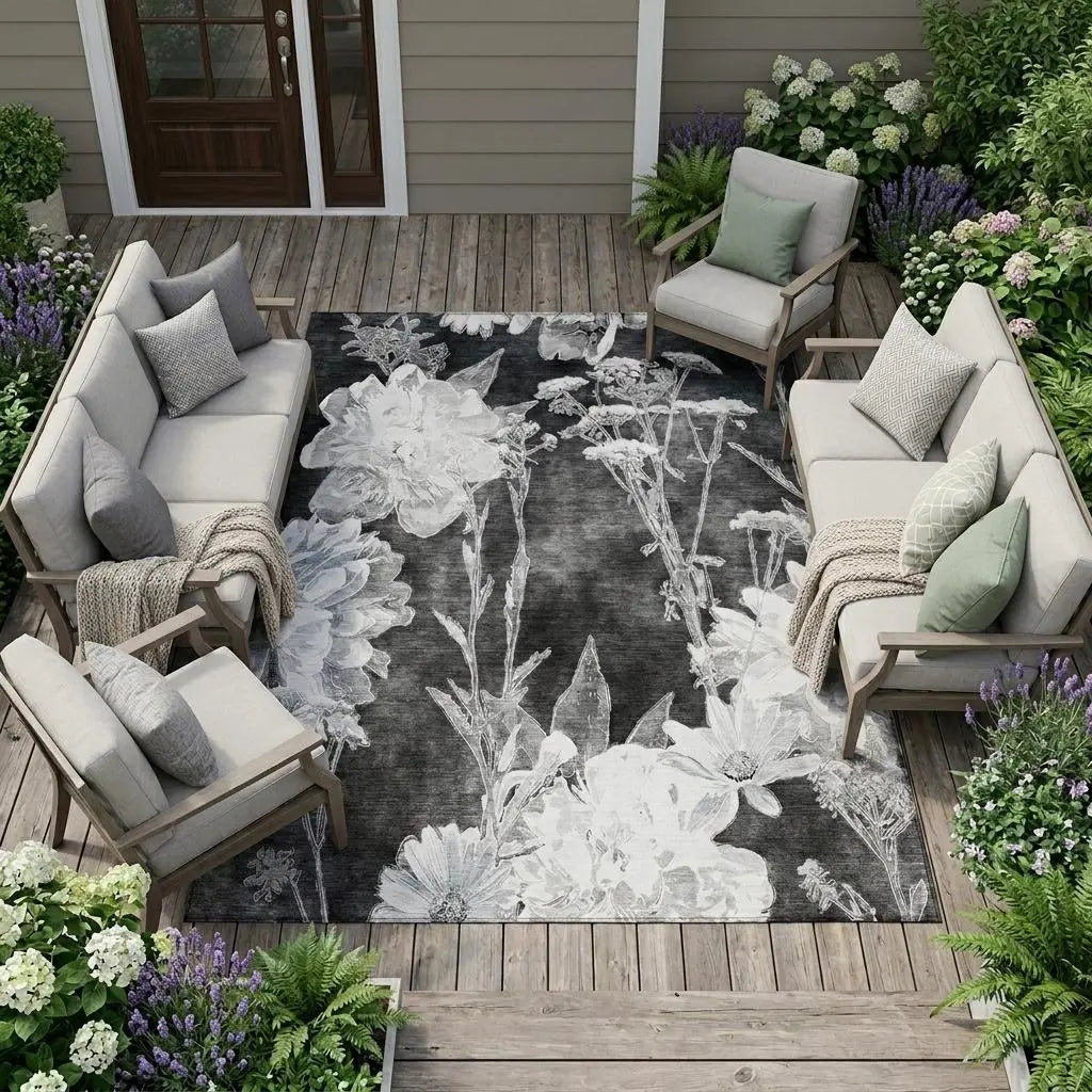 10' X 14' Charcoal And Gray Floral Washable Indoor Outdoor Area Rug Homeroots Outdoor