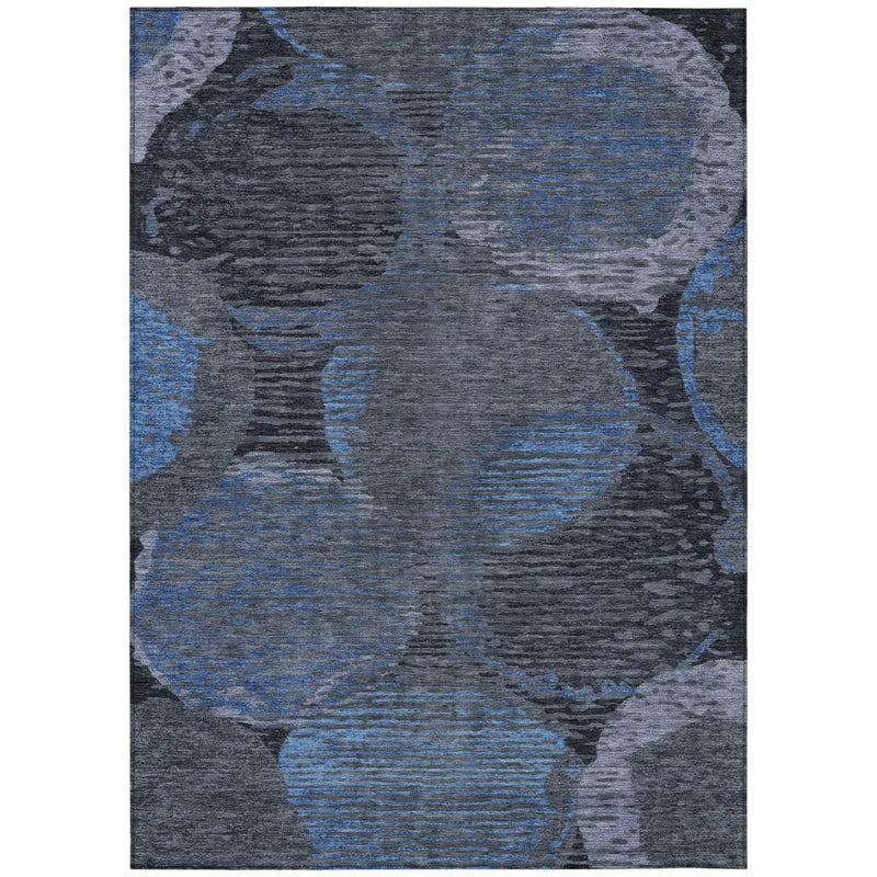 Gray and blue geometric area rug with rounded patterns, made of soft synthetic fibers, modern style for any room.
