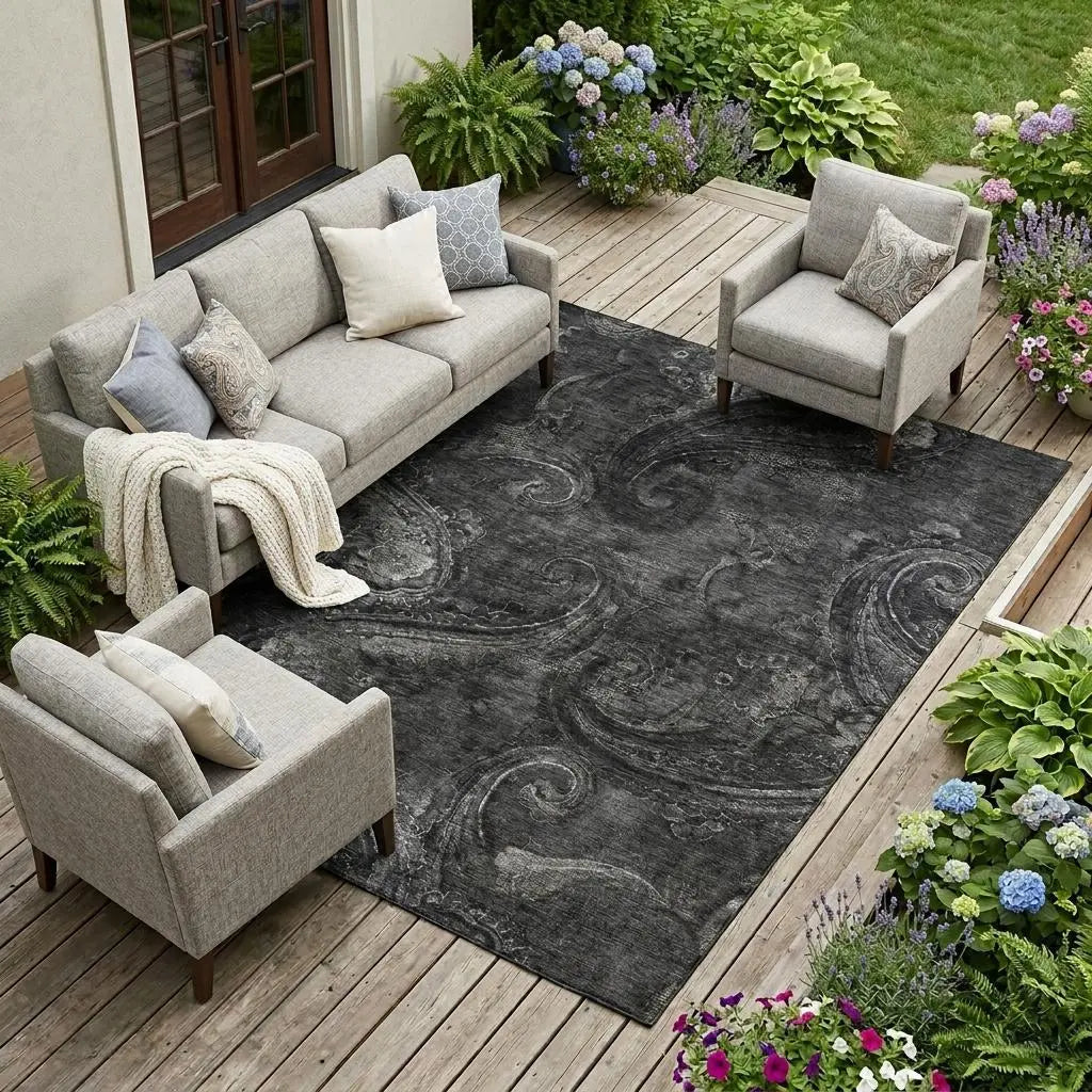 10' X 14' Charcoal And Gray Paisley Washable Indoor Outdoor Area Rug Homeroots Outdoor
