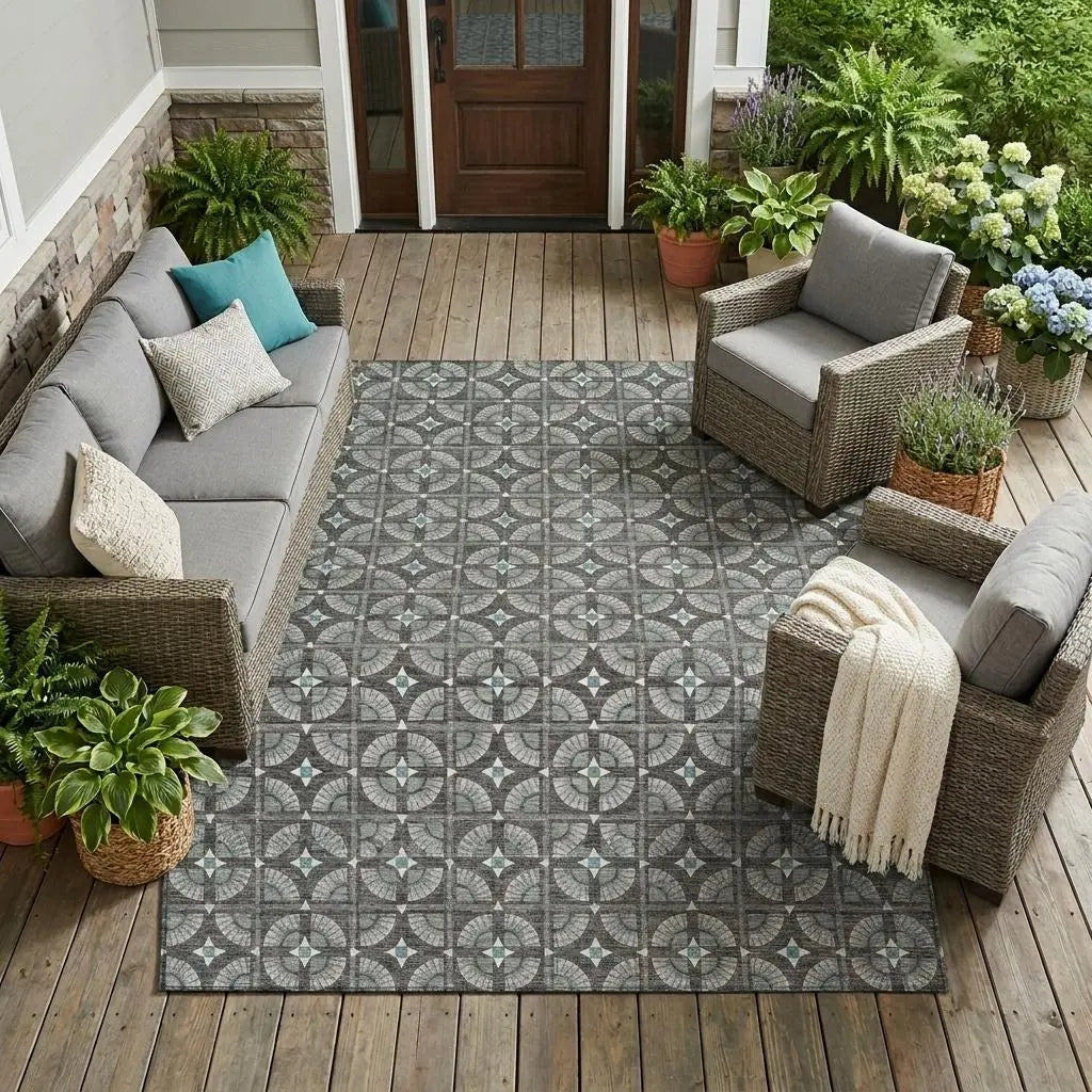 10' X 14' Charcoal And Silver Geometric Washable Indoor Outdoor Area Rug Homeroots Outdoor