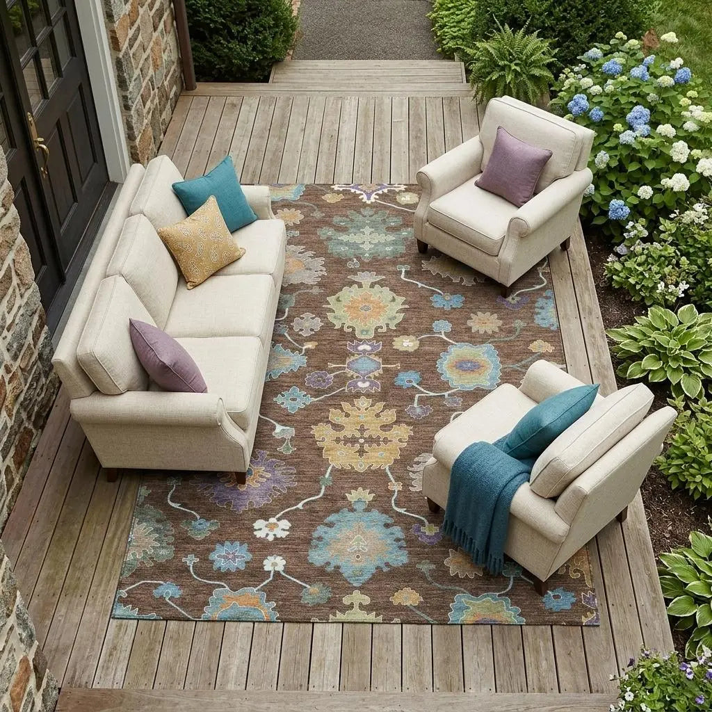 10' X 14' Chocolate And Beige Oriental Washable Indoor Outdoor Area Rug Homeroots Outdoor