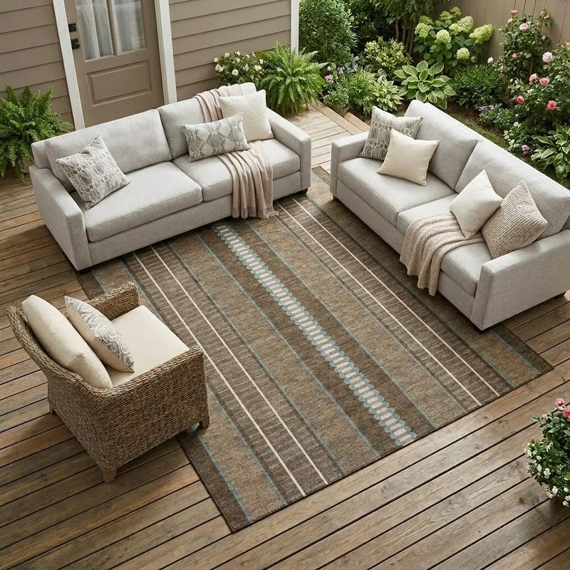 10' X 14' Chocolate And Blue Striped Washable Indoor Outdoor Area Rug Homeroots Outdoor