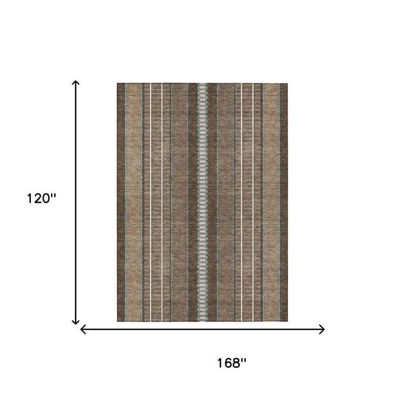 10' X 14' Chocolate And Blue Striped Washable Indoor Outdoor Area Rug Homeroots Outdoor
