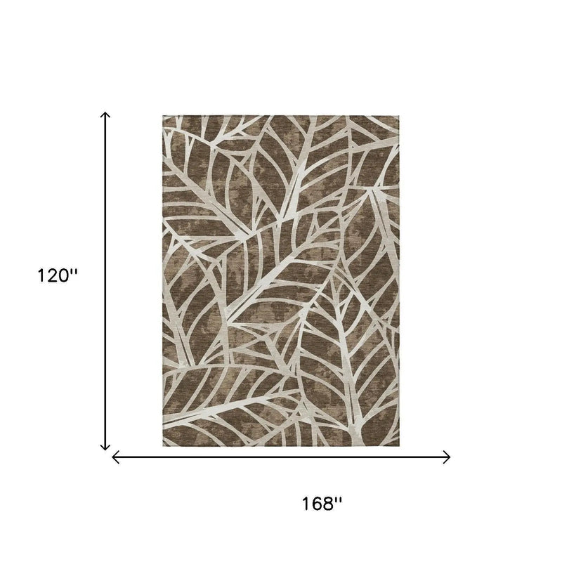 10' X 14' Chocolate And Brown Botanical Leaves Washable Indoor Outdoor Area Rug Homeroots Outdoor