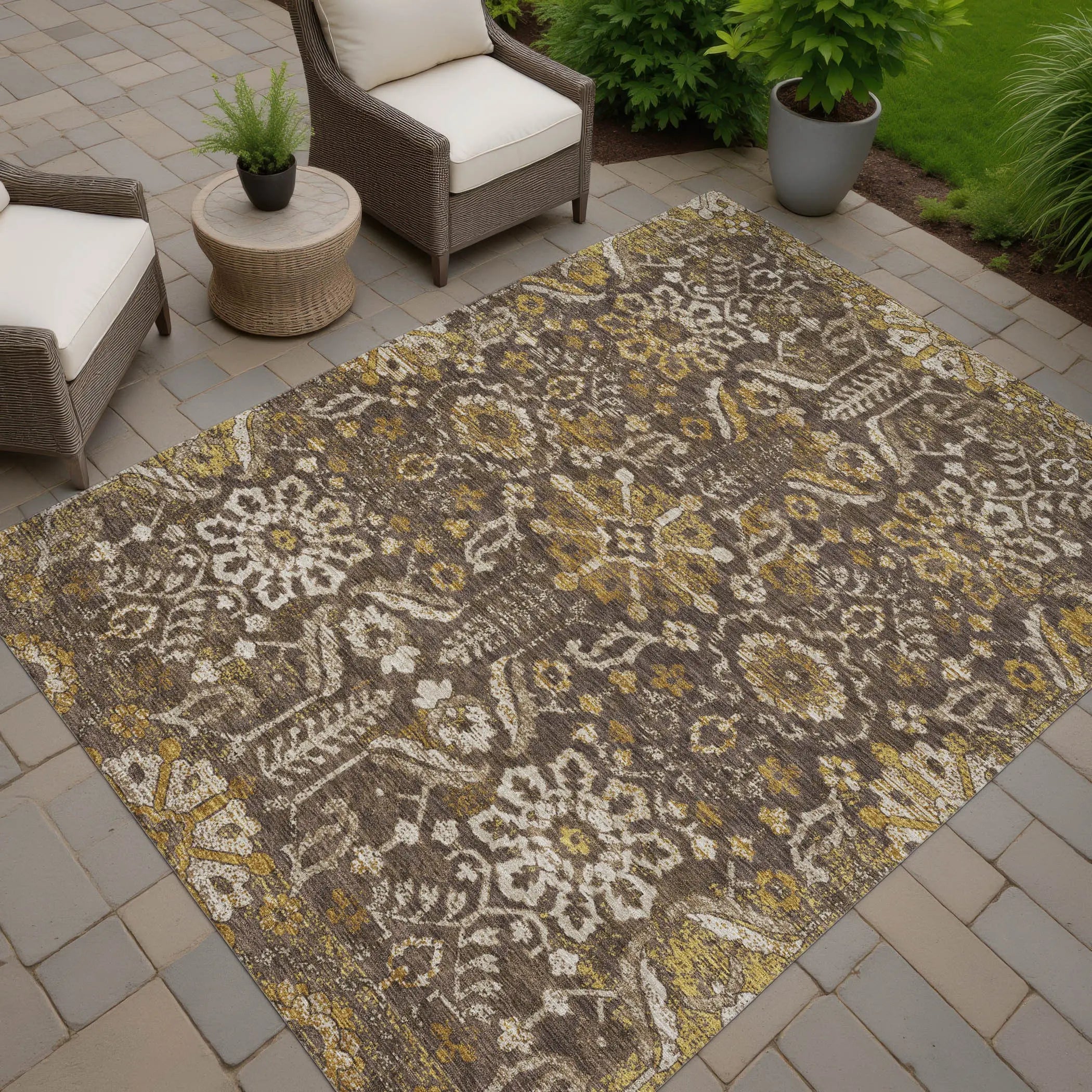 10' X 14' Chocolate And Brown Damask Washable Indoor Outdoor Area Rug Homeroots Outdoor