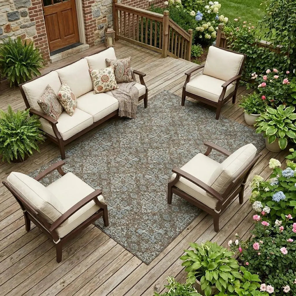 10' X 14' Chocolate And Brown Damask Washable Indoor Outdoor Area Rug Homeroots Outdoor