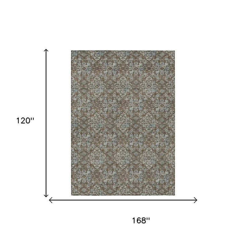 10' X 14' Chocolate And Brown Damask Washable Indoor Outdoor Area Rug Homeroots Outdoor