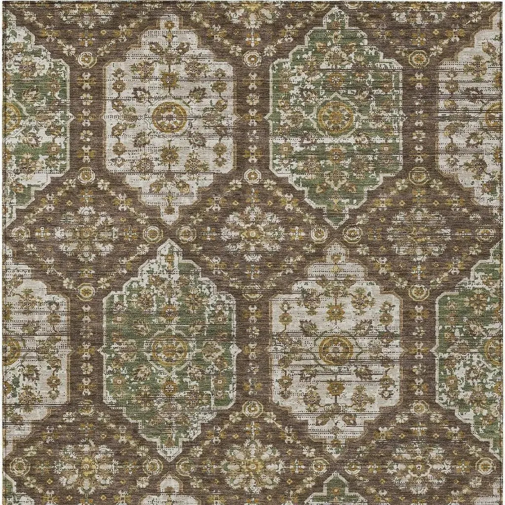 10' X 14' Chocolate And Brown Damask Washable Indoor Outdoor Area Rug Homeroots Outdoor