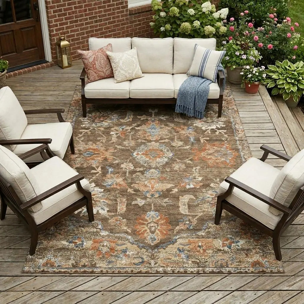 10' X 14' Chocolate And Brown Floral Medallion Washable Indoor Outdoor Area Rug Homeroots Outdoor