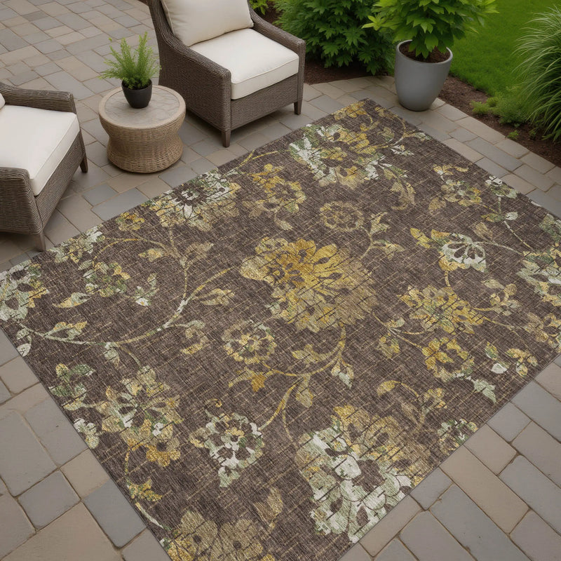 10' X 14' Chocolate And Brown Floral Washable Indoor Outdoor Area Rug Homeroots Outdoor