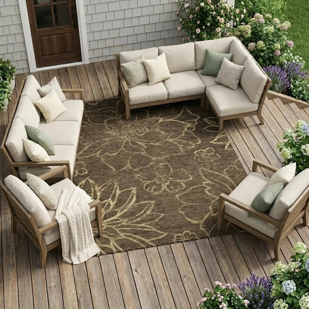 10' X 14' Chocolate And Brown Floral Washable Indoor Outdoor Area Rug Homeroots Outdoor