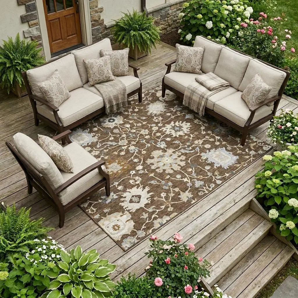 10' X 14' Chocolate And Brown Floral Washable Indoor Outdoor Area Rug Homeroots Outdoor